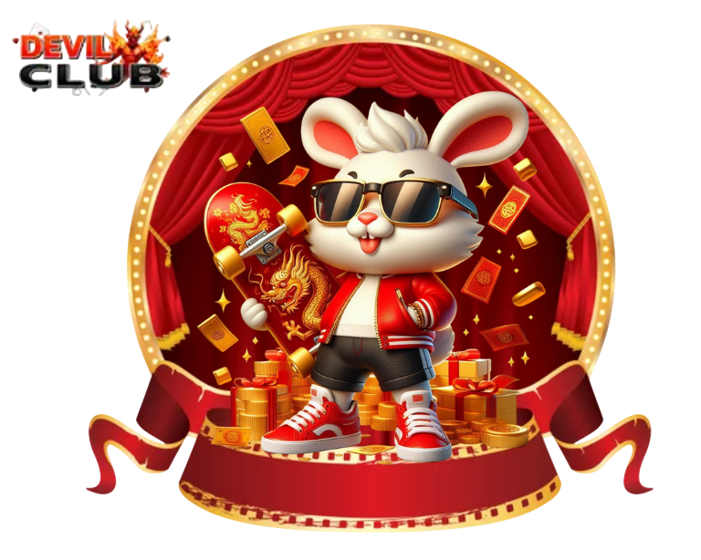 การ์ตูนหนูสวมชุดจีนสีแดงทอง ถือเหรียญทองและสัญลักษณ์โชคลาภในกรอบวงกลม