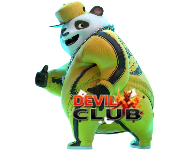 DEVILCLUB ภาพแพนด้าการ์ตูนใส่ชุดสีเขียว-เหลืองยืนท่ากวน พร้อมโลโก้ DEVILCLUB ด้านหน้า สไตล์สล็อตคาสิโนออนไลน์แนวแฟนตาซี